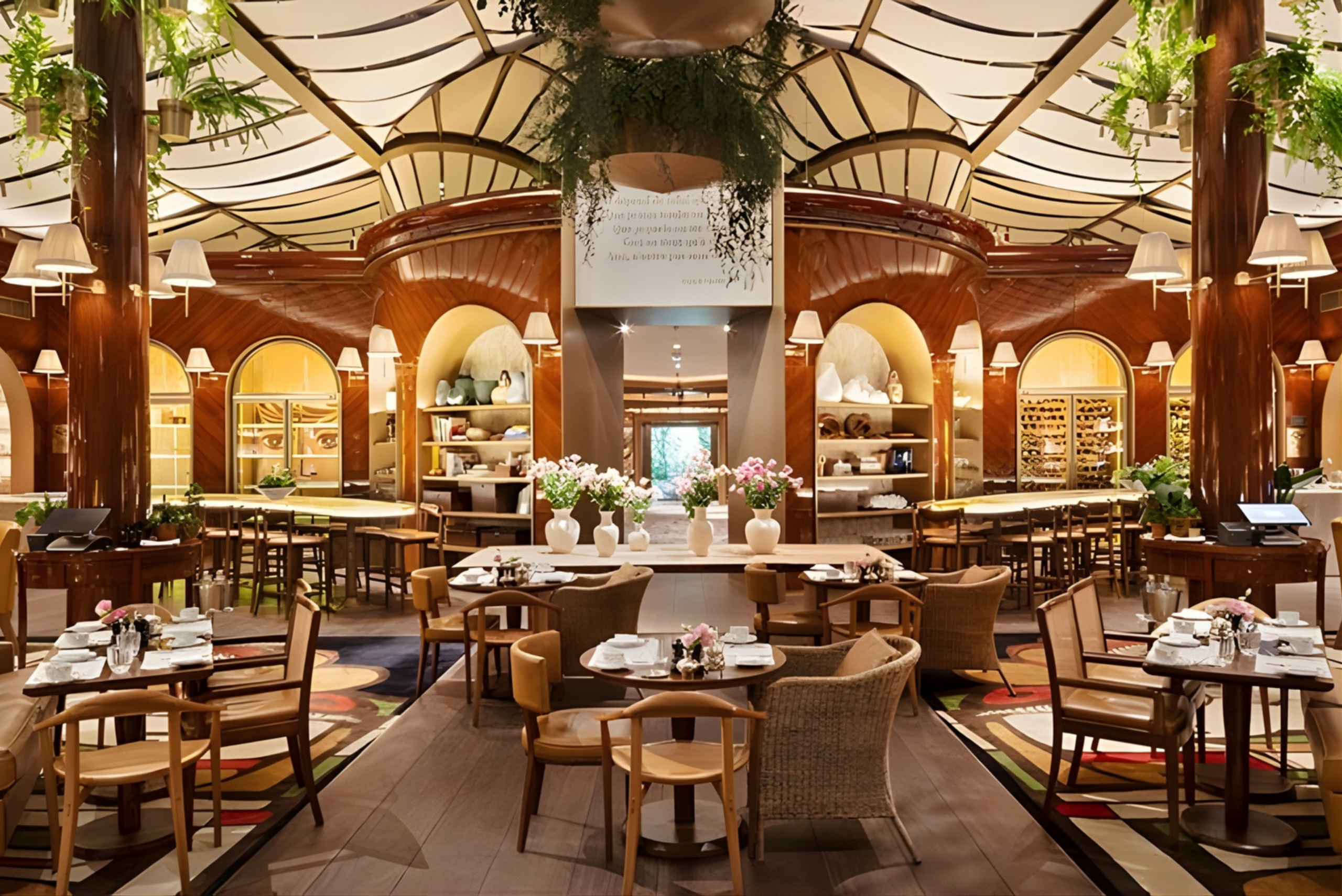 Salle de restaurant de l'Hôtel Rosewood São Paulo avec arches en bois verni et végétation suspendue